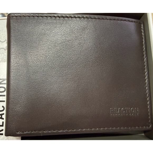 NEW MEN'S REACTION KENNETH COLE HAND CRAFTED LEATHER BROWN BI FOLD WALLET - Picture 1 of 4